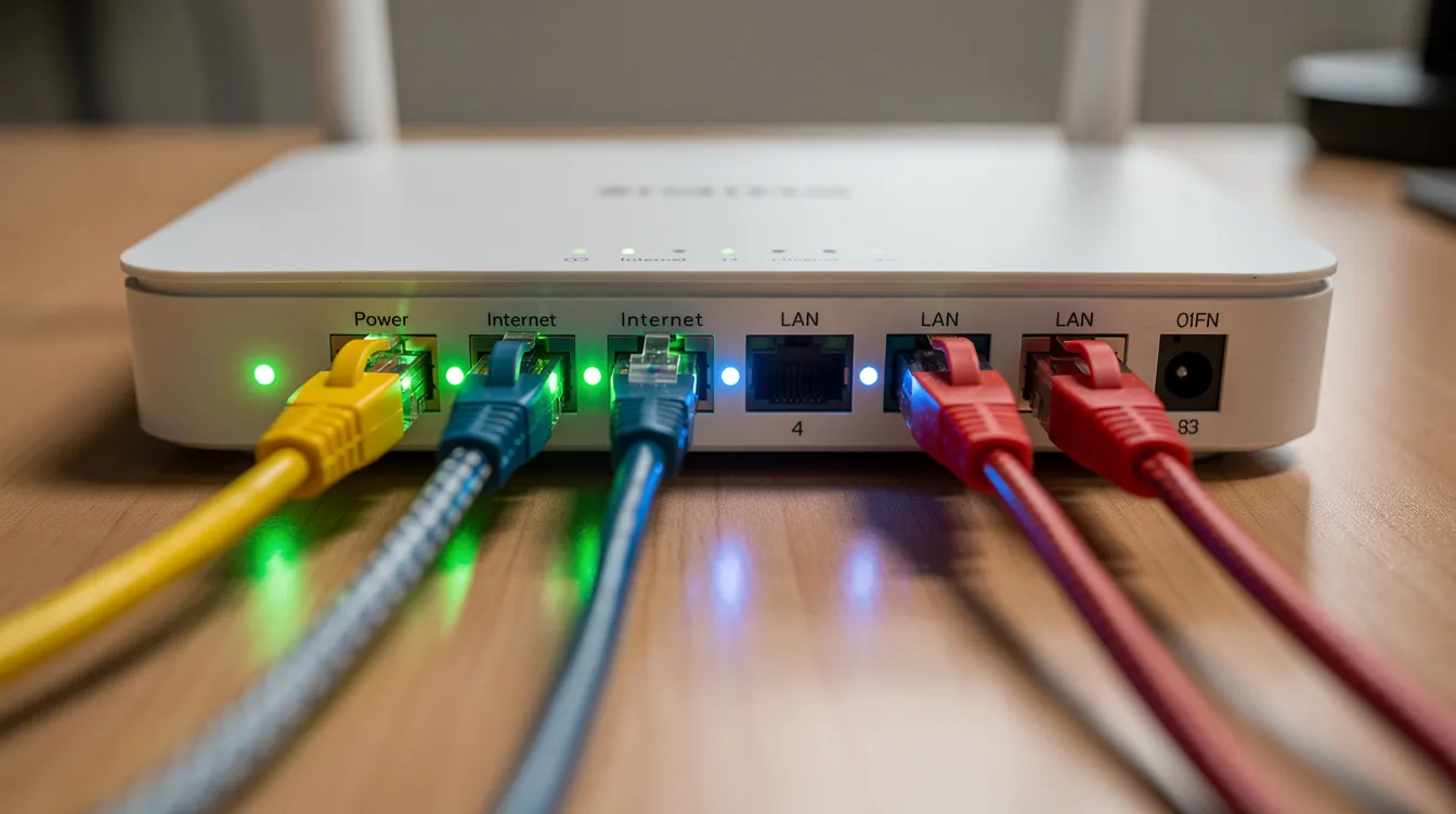 A close-up view of a WiFi router features blinking lights and several ethernet cables connected to it, indicating a stable internet connection essential for streaming high-quality live TV channels and on-demand content through IPTV services. The router serves as a hub for various devices, ensuring reliable access to popular IPTV platforms and apps.