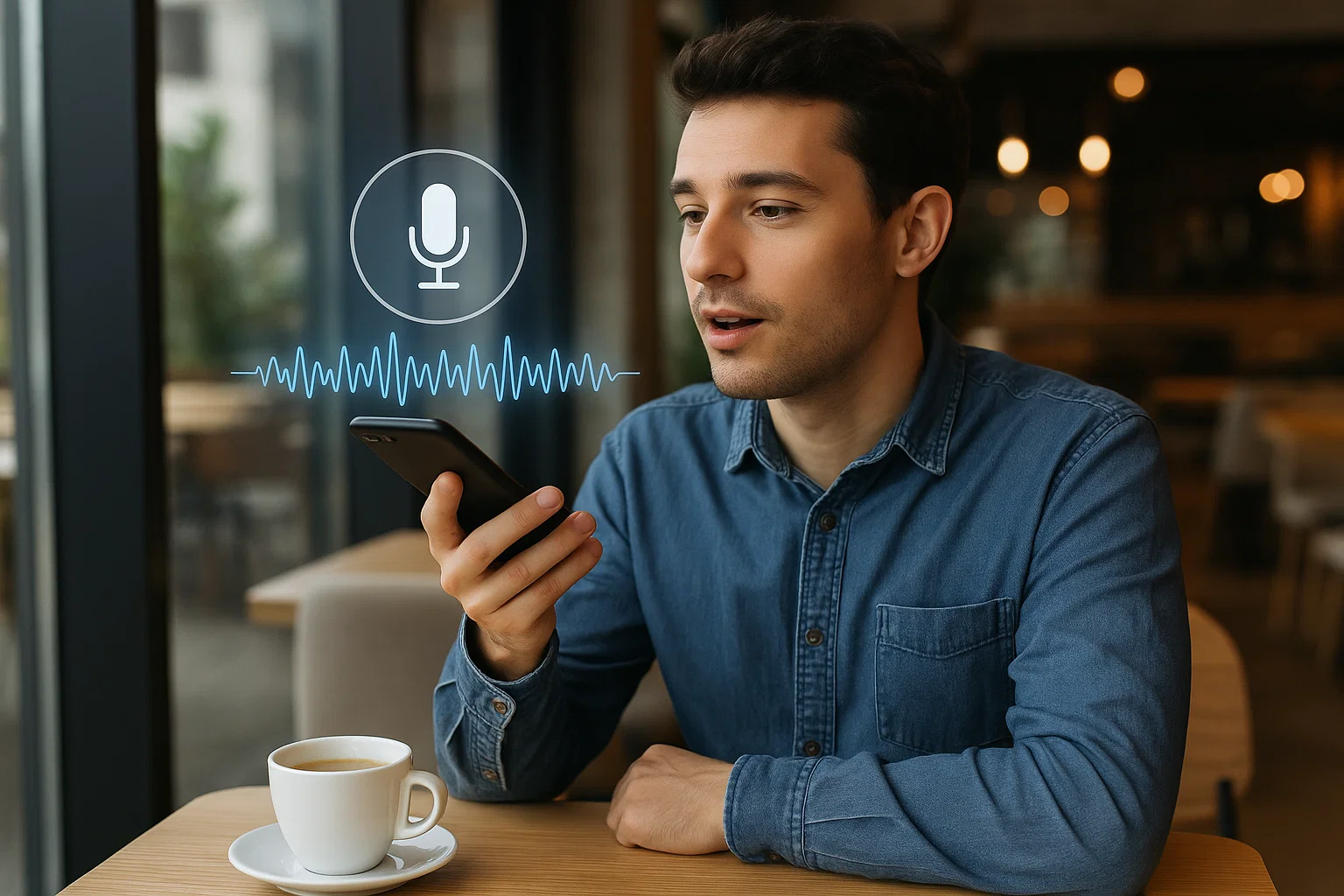Customer using a smartphone voice assistant to search for local businesses.