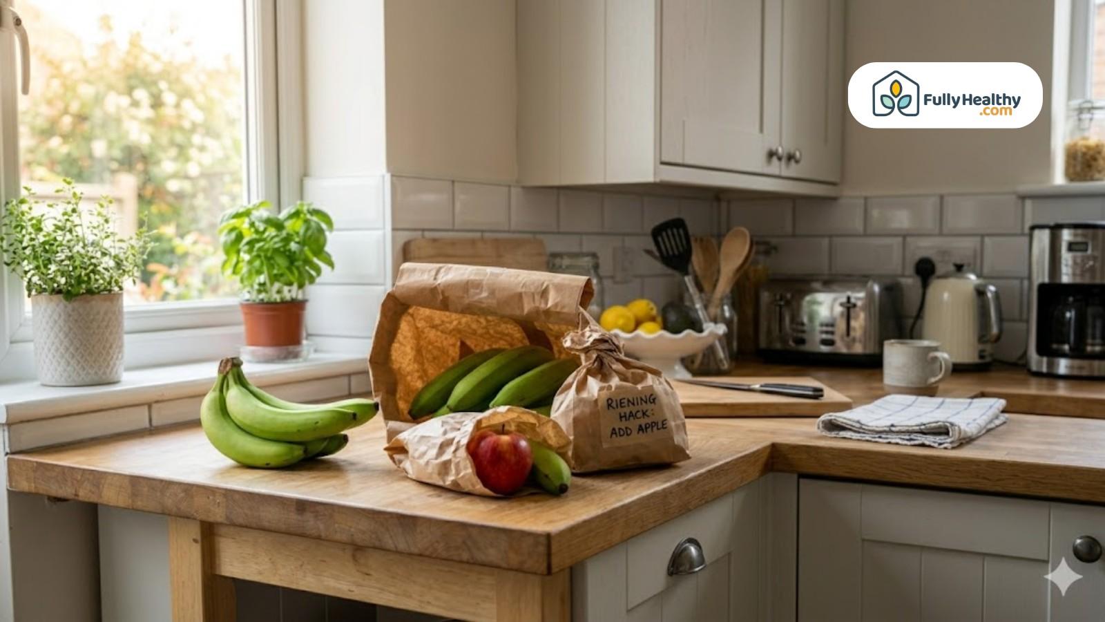 Bananas in paper bag with apple used to speed ripening