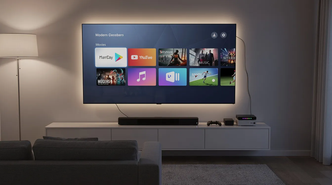 The image features a modern television displaying various streaming apps, showcasing a sleek decoder setup that enhances the viewing experience. This setup is indicative of professional DSTV installation services, suitable for users seeking reliable entertainment solutions.