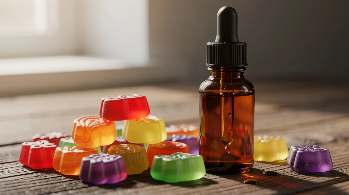 The image features an array of colorful fruit-flavored gummies alongside a tincture bottle, all beautifully arranged on a wooden surface. These consumable hemp products, which may include delta 8 THC derived from hemp plants, highlight the growing market for hemp-derived cannabinoids in Louisiana.