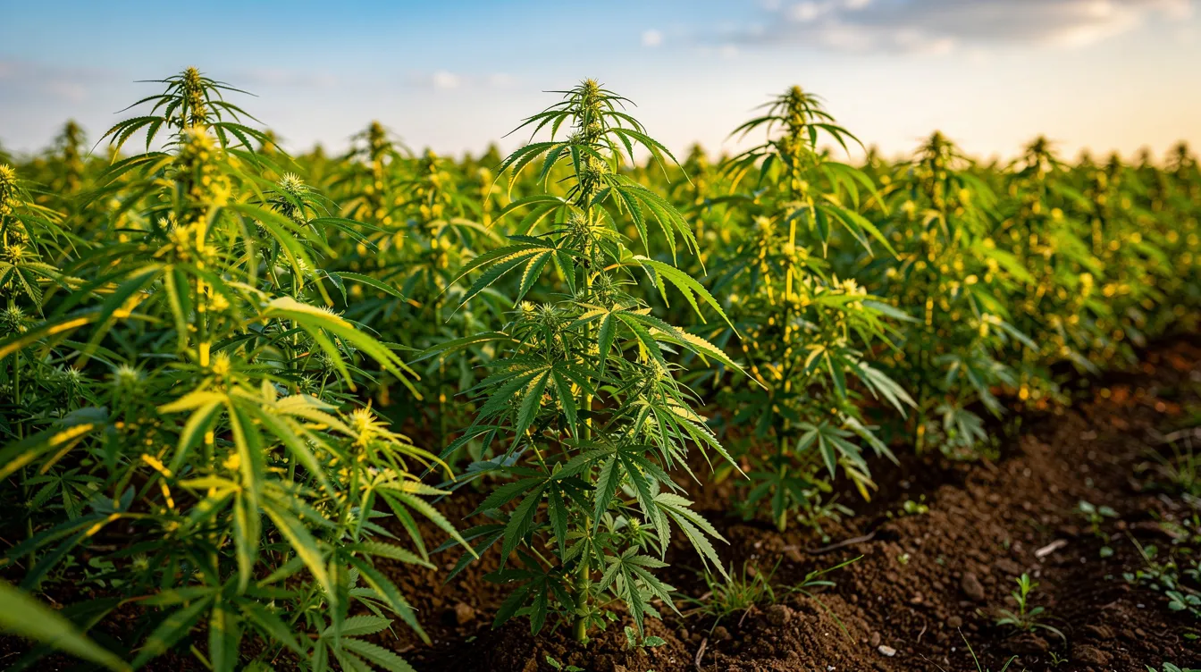 The image depicts lush green hemp plants thriving in a sunlit agricultural field, highlighting the growth of industrial hemp, which is essential for producing hemp derived cannabinoids like delta 8 THC. This scene emphasizes the agricultural aspect of hemp cultivation, relevant to the ongoing discussions around hemp laws and consumable hemp products in Louisiana.