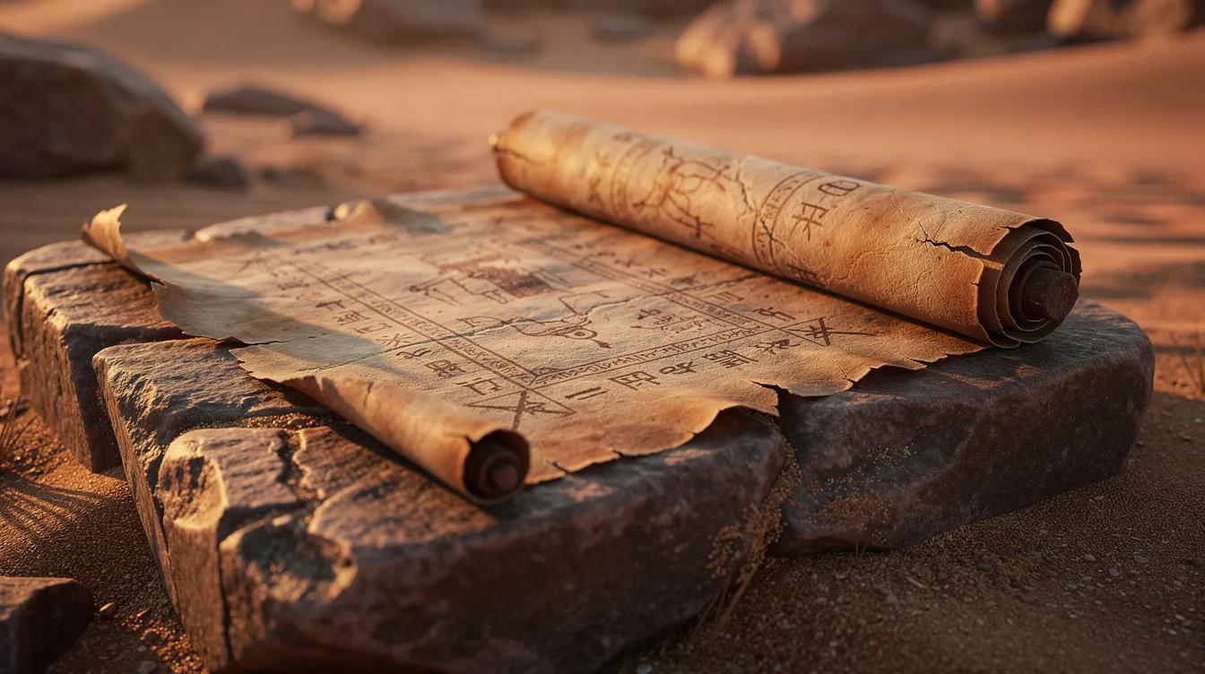 An ancient scroll lies on a weathered stone, illuminated by the warm desert light, evoking a sense of history and the richness of biblical teachings. This scene invites contemplation, reminiscent of the hyperbolic statements found in scripture, where figures of speech emphasize the importance of faith and the eternal truths conveyed by Jesus.