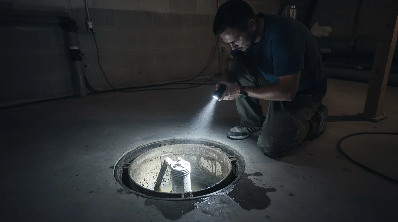 A homeowner is using a flashlight to inspect a sump pump pit in a dimly lit basement, looking for potential issues such as debris or signs of sump pump failure. The scene highlights the importance of sump pump maintenance and inspection to prevent flooding and water damage in the home.