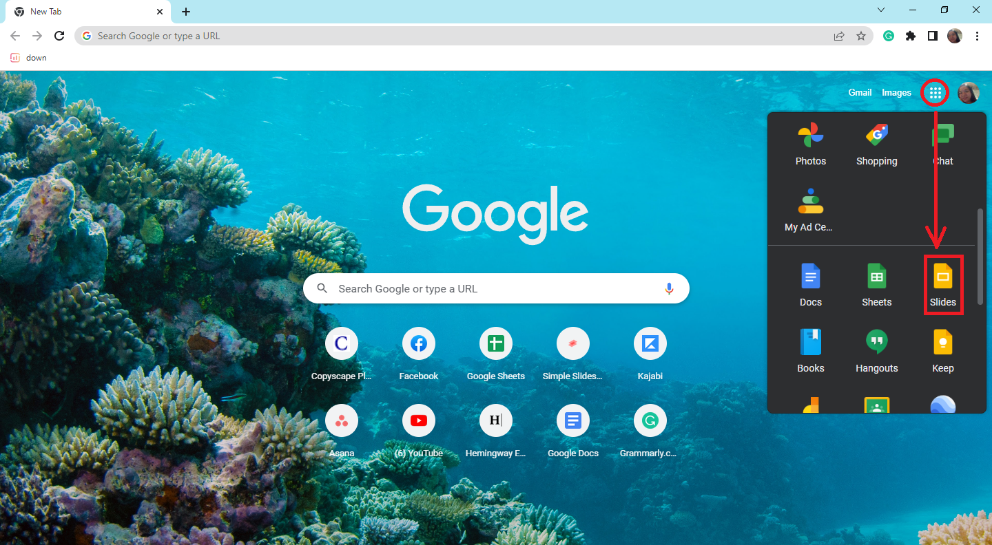 In your Google Chrome, click the app button and select Google Slides.