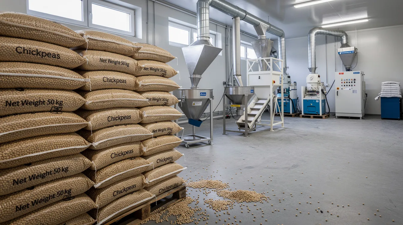 895fa4d0 d600 42ee 9b31 0d283161a480 The image depicts an industrial processing facility featuring bags of chickpeas stacked in storage alongside milling equipment essential for producing gram flour, also known as besan. This setting highlights the food processing industry, focusing on the manufacturing process and raw material storage necessary for efficient production.