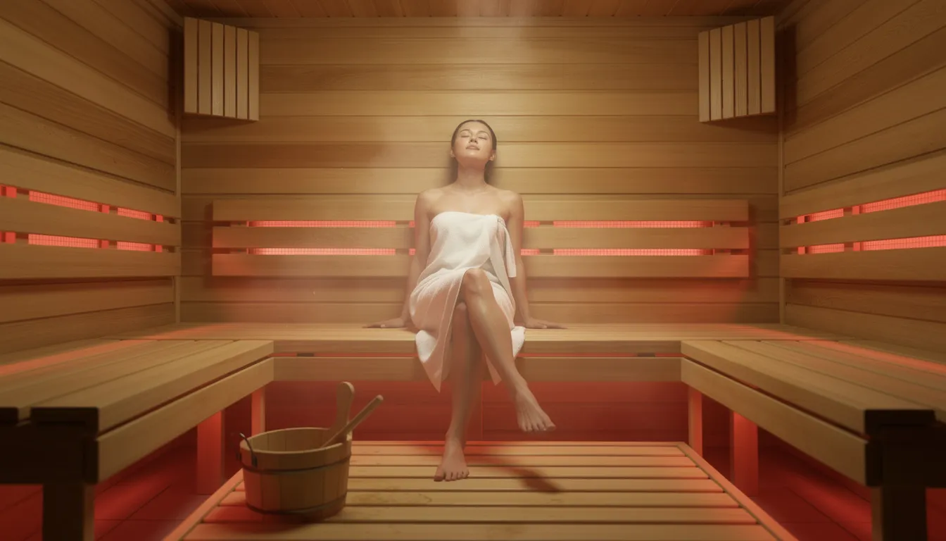 A person is relaxing in a warm wooden infrared sauna cabin, surrounded by soft red light panels that glow gently, promoting healing and pain relief. This serene environment is ideal for those seeking joint pain relief and chronic inflammation reduction through red light therapy.