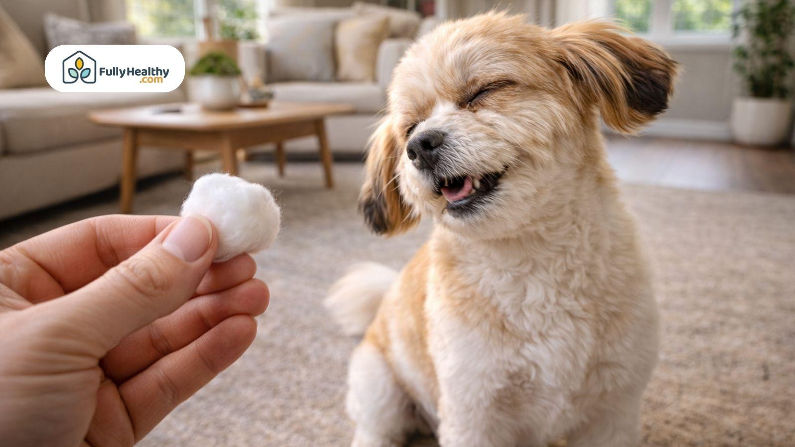 Small dog reacting to vinegar cotton ball showing dislike indoors