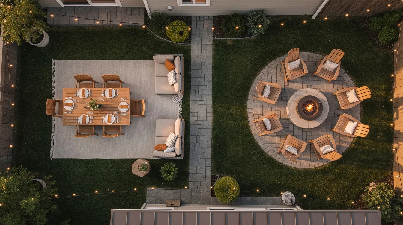 An overhead view of a backyard party reveals distinct zones, including a dining area with a table set for meals, a cozy lounge area adorned with cushions for relaxation, and a fire pit circle perfect for evening gatherings. The layout is designed to keep guests comfortable, encouraging fun conversations and enjoyable moments outdoors.