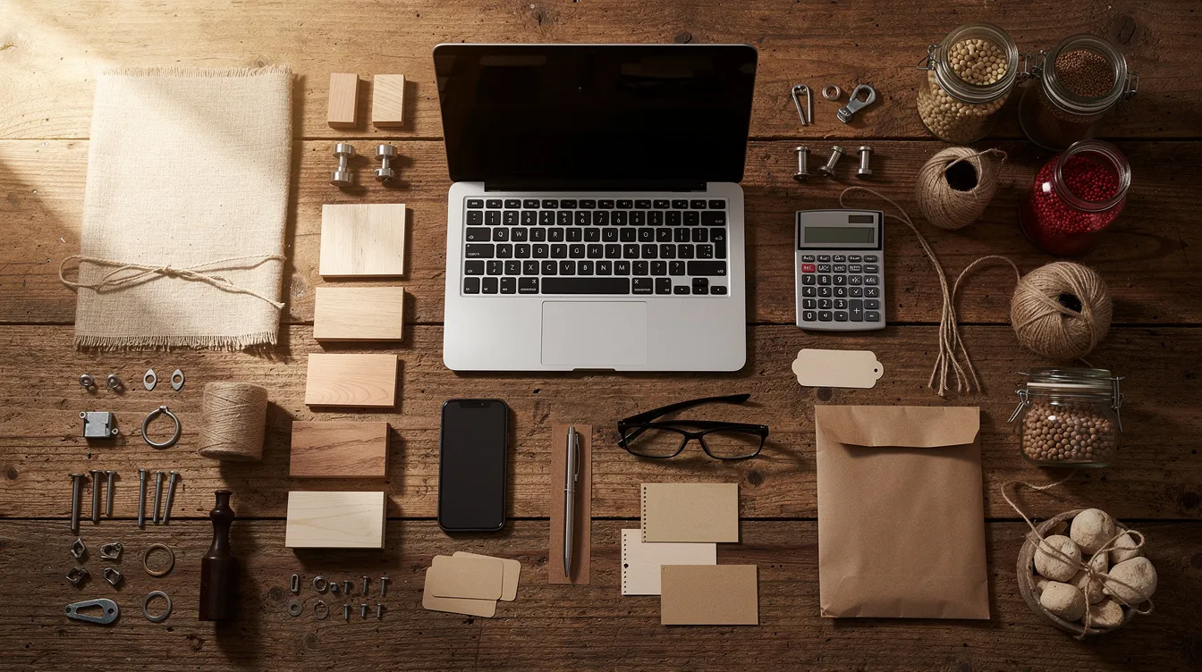 896349c7 e5a7 4571 9b90 0bf15108e583 The image showcases an assortment of small business tools and raw materials neatly arranged on a wooden table, ideal for first-time entrepreneurs exploring various business ideas. Items like measuring tools, crafting materials, and kitchen equipment suggest opportunities in service businesses, manufacturing, and online business ventures.