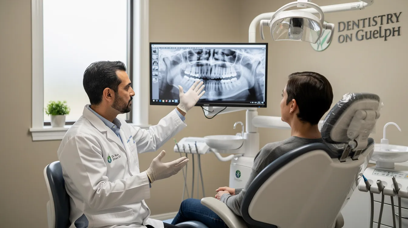 Dr. Reza Shahhaidari, DDS, is seen discussing treatment options with a patient at Dentistry on Guelph in Ontario, pointing to an X-ray on a screen in a calm and comfortable dental office setting, emphasizing the importance of personalized care for oral health needs. The atmosphere reflects a welcoming environment, ideal for patients seeking comprehensive dental services.