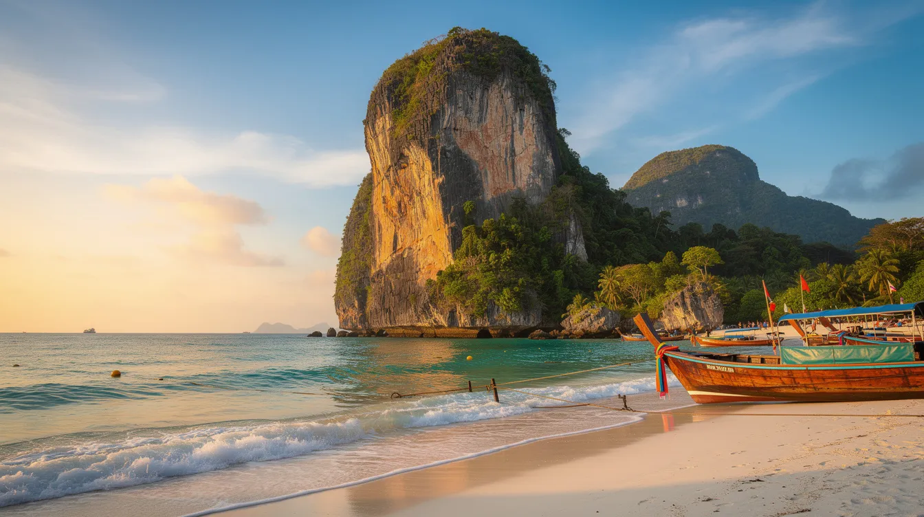 A imagem mostra a Ilha Poda, na Tailândia, com suas águas cristalinas e areias brancas, rodeada por formações rochosas impressionantes. Este destino tropical é ideal para quem busca relaxar e explorar as belezas naturais da região do Golfo da Tailândia.