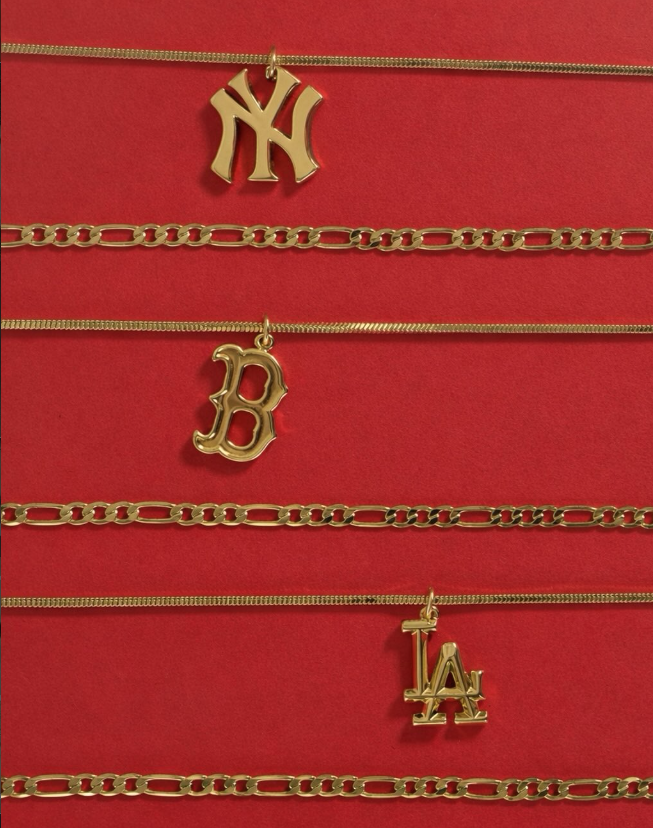 6 necklace chains, 3 with charms for MLB teams (Yankees, Dodgers, and Red Sox)