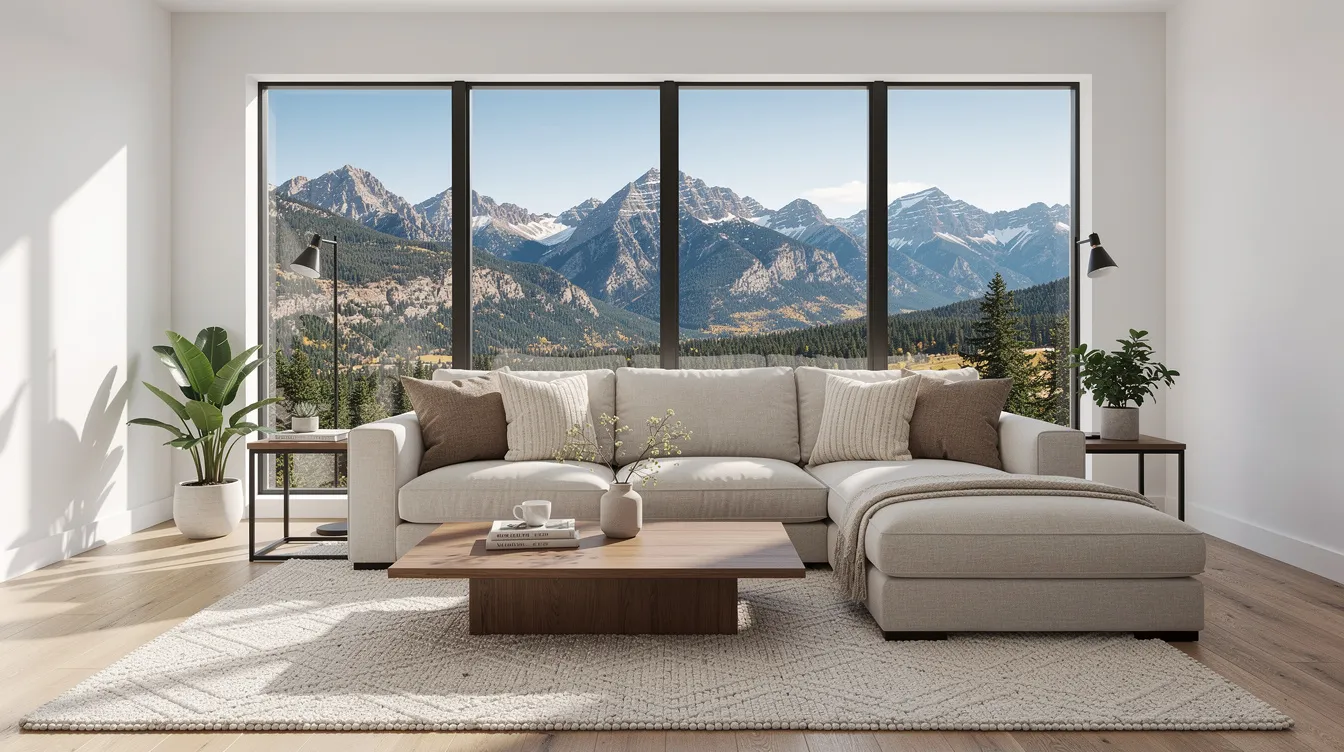 The image depicts a bright and inviting staged living room featuring neutral furniture and large windows that showcase stunning Colorado mountain views, creating an appealing space for potential buyers. This professionally designed interior highlights the effectiveness of vacant home staging in enhancing the property’s marketability.