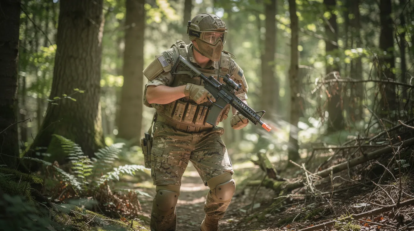 An airsoft player, dressed in full protective gear including ANSI rated goggles, gloves, and knee pads, is moving through a woodland environment, emphasizing the importance of safety rules and proper eye protection while playing airsoft. The scene captures the essence of the airsoft community, highlighting responsible handling and the enjoyable airsoft experience.