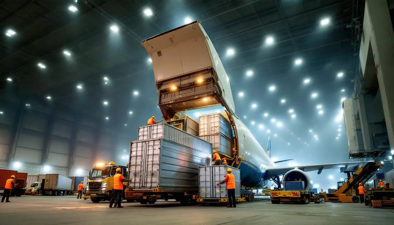 The image depicts an international air freight terminal where workers are actively loading large cargo containers onto an aircraft, emphasizing the logistics industry's role in efficient air freight shipping. This scene highlights the importance of freight forwarding services in managing urgent shipments and ensuring timely delivery to final destinations.