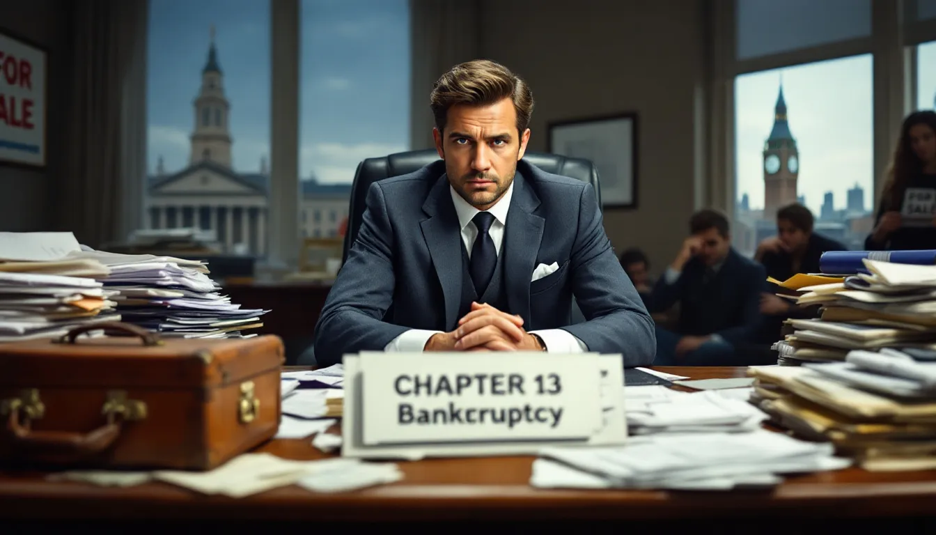 The image depicts a concerned individual contemplating whether to file Chapter 13 bankruptcy to manage their mortgage payments and other debts. It illustrates the complexities of bankruptcy law, highlighting the importance of a repayment plan to address past due mortgage payments and prevent foreclosure proceedings.