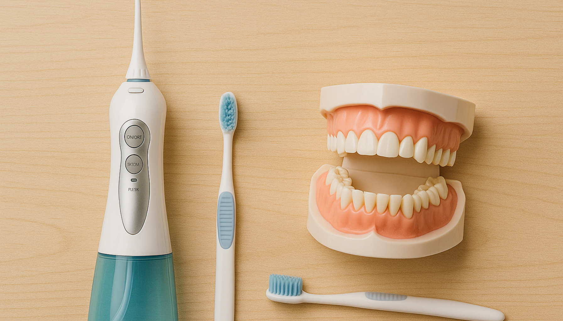 Vannflosser, tannbørster og tannmodell – renere mellomrom.