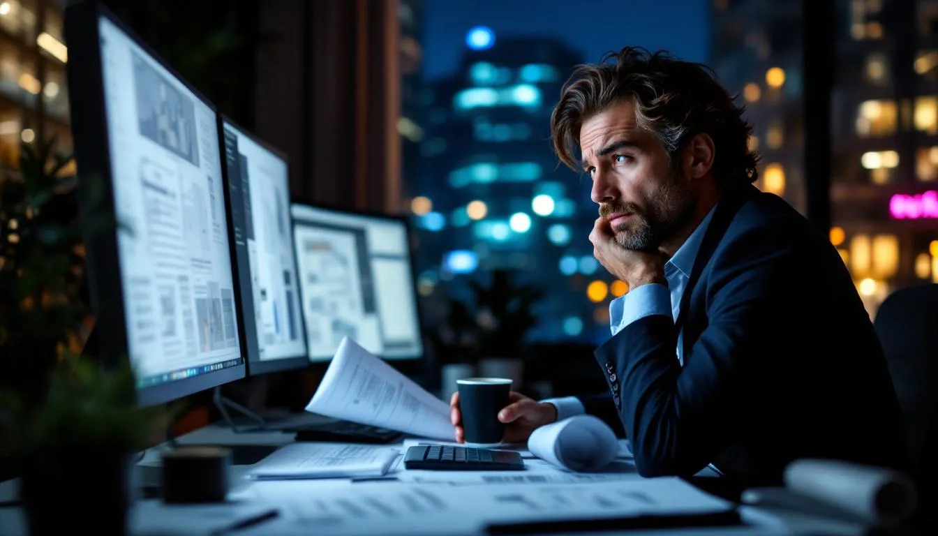 A professional architect appears stressed while working late at their desk, surrounded by numerous drawings and a computer, reflecting the challenges of maintaining work-life balance in a demanding industry. The scene captures the pressure to meet deadlines and the potential impact on mental health, as they strive to create efficient designs for their clients.