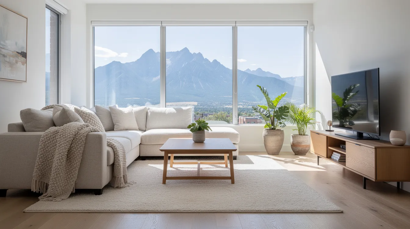 The image depicts a bright and modern Denver living room featuring neutral furniture and large windows that allow natural light to flood the space, offering a stunning view of distant mountains. This inviting living area is designed to appeal to potential buyers, showcasing the benefits of professional home staging to create a move-in ready atmosphere.
