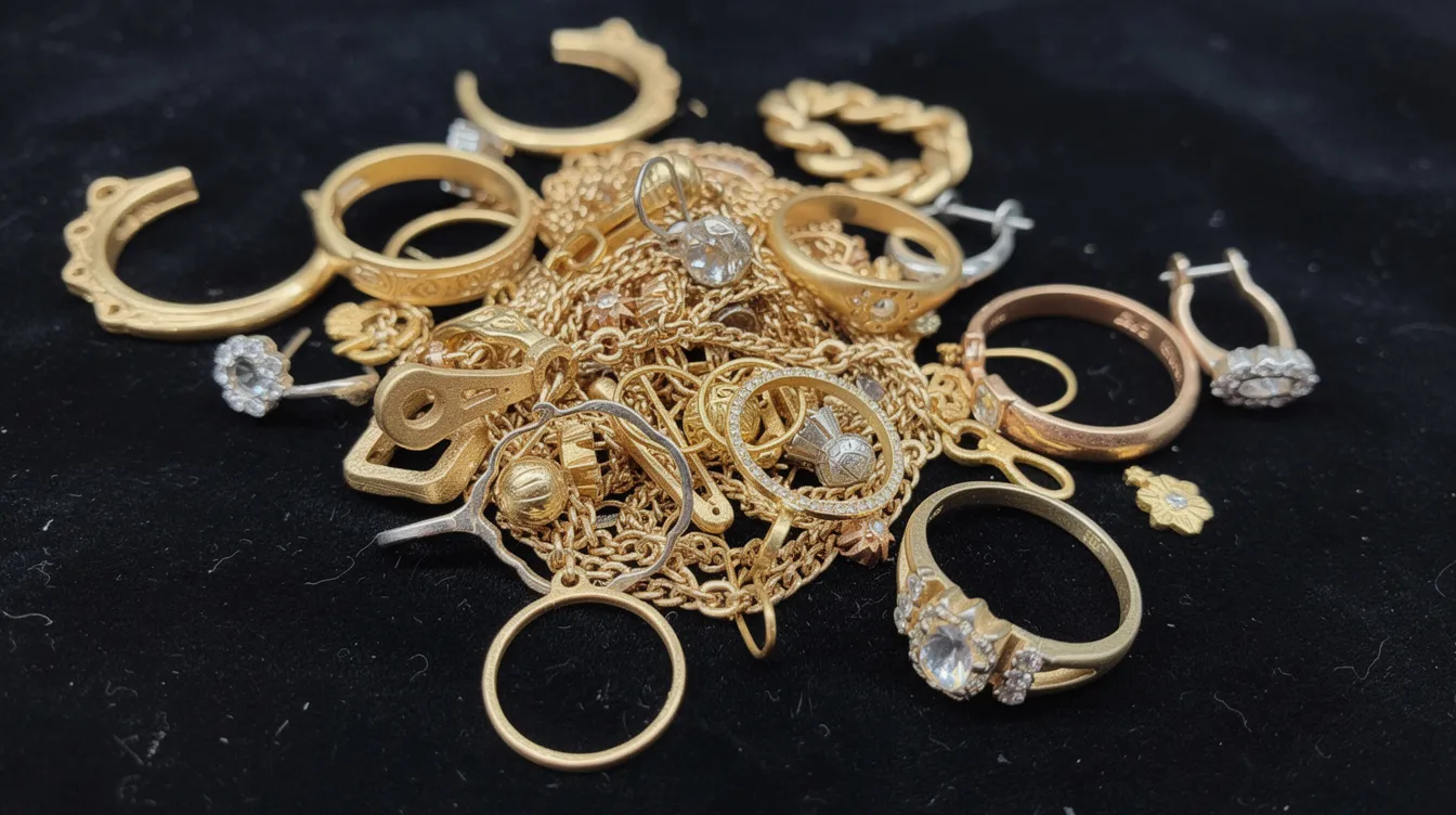Assorted scrap gold jewelry, including broken chains, single earrings, and old rings, displayed on a dark velvet surface.