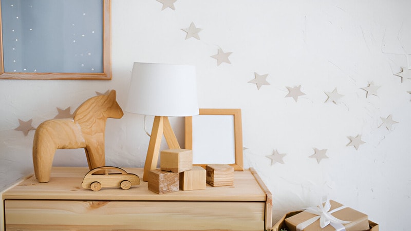 wooden toys and lamp made using eco-friendly materials