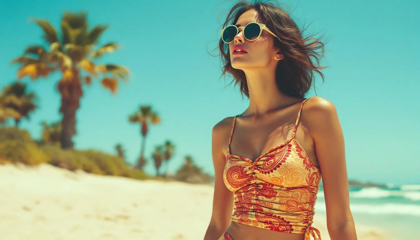 The Beach House Nadia Ruched paisley tankini styled with beachwear.