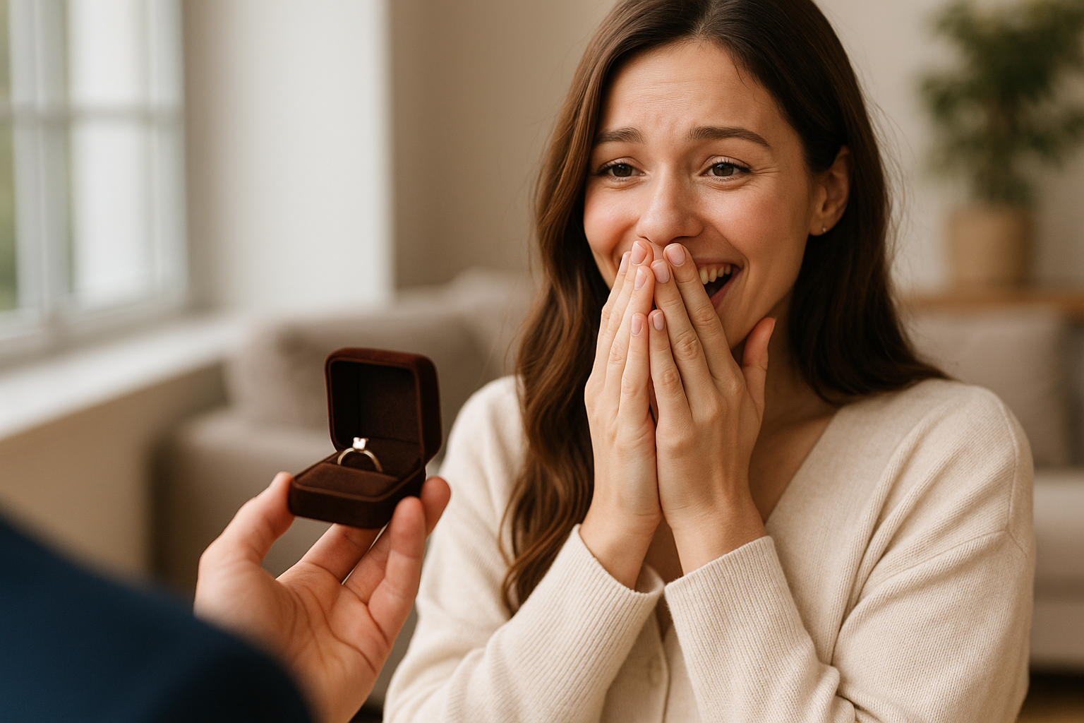 Sužadėtuvių žiedo magija - nepakartojama emocija. Merginos akys pilnos džiaugsmo, o veidą nušviečia laimės šypsena, kai ji priima sužadėtuvių žiedą.