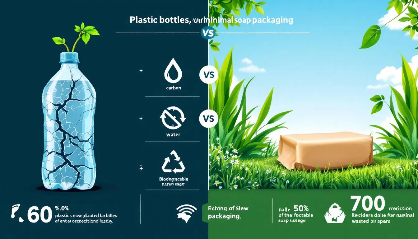The image compares the environmental impact of traditional plastic bottles used for liquid body washes and shower gels against minimal packaging for bar soaps, highlighting the eco-friendly option of bar soap with fewer ingredients and less packaging waste. It emphasizes the importance of choosing products that effectively cleanse while being mindful of the environment, particularly for those with sensitive skin or specific skin types.