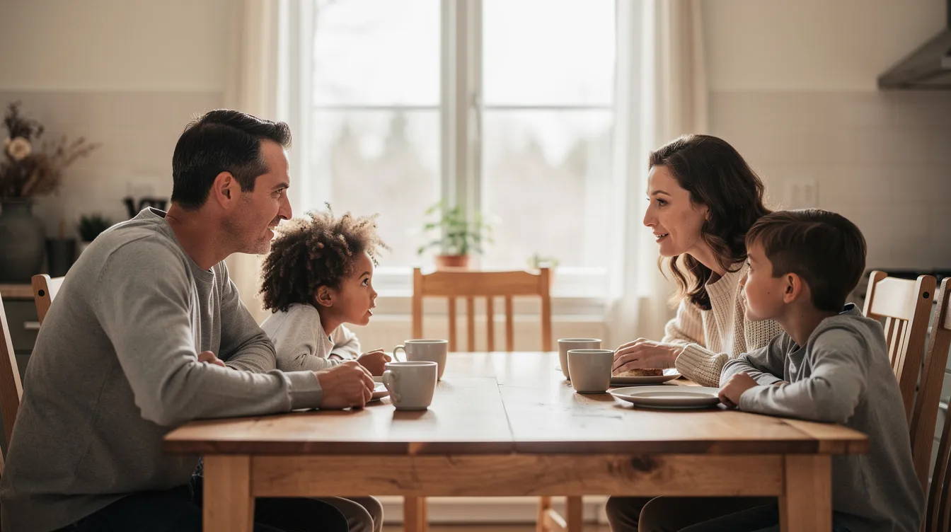 A family of four is gathered around a dining table, engaged in a calm and focused conversation, highlighting the importance of emotional support and communication among family members. This moment reflects the vital role of family caregivers in managing caregiving duties and maintaining well-being within the household.