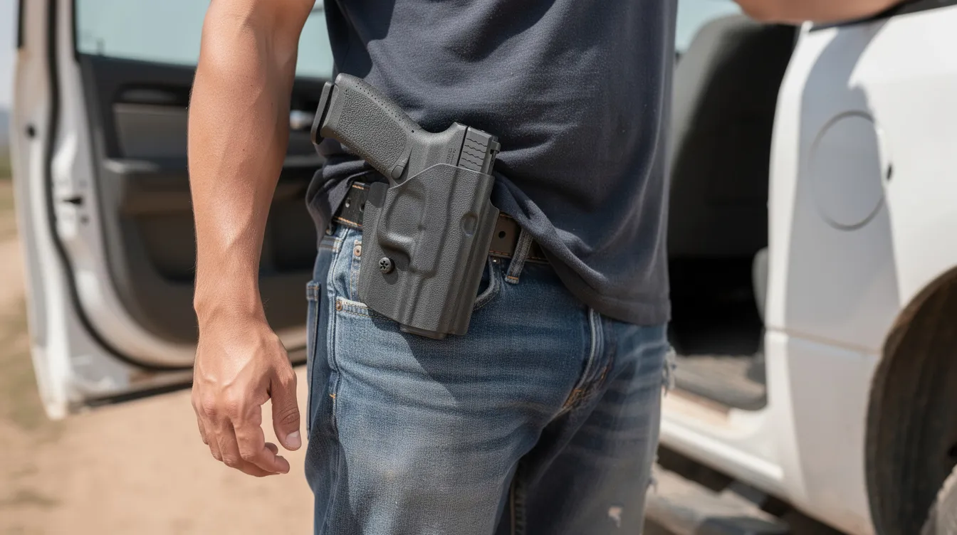 The image shows a holstered handgun secured to a person's belt, positioned near the door of a truck, highlighting the concept of concealed carry in everyday life. This scene reflects the ongoing discussions around Minnesota gun laws and the importance of safe use and training for gun owners.