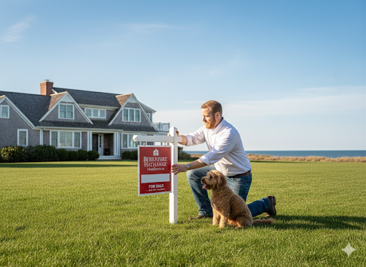 Cory Tyler, acclaimed Connecticut Realtor, helping to sell a house on the CT shorline. With his dog.