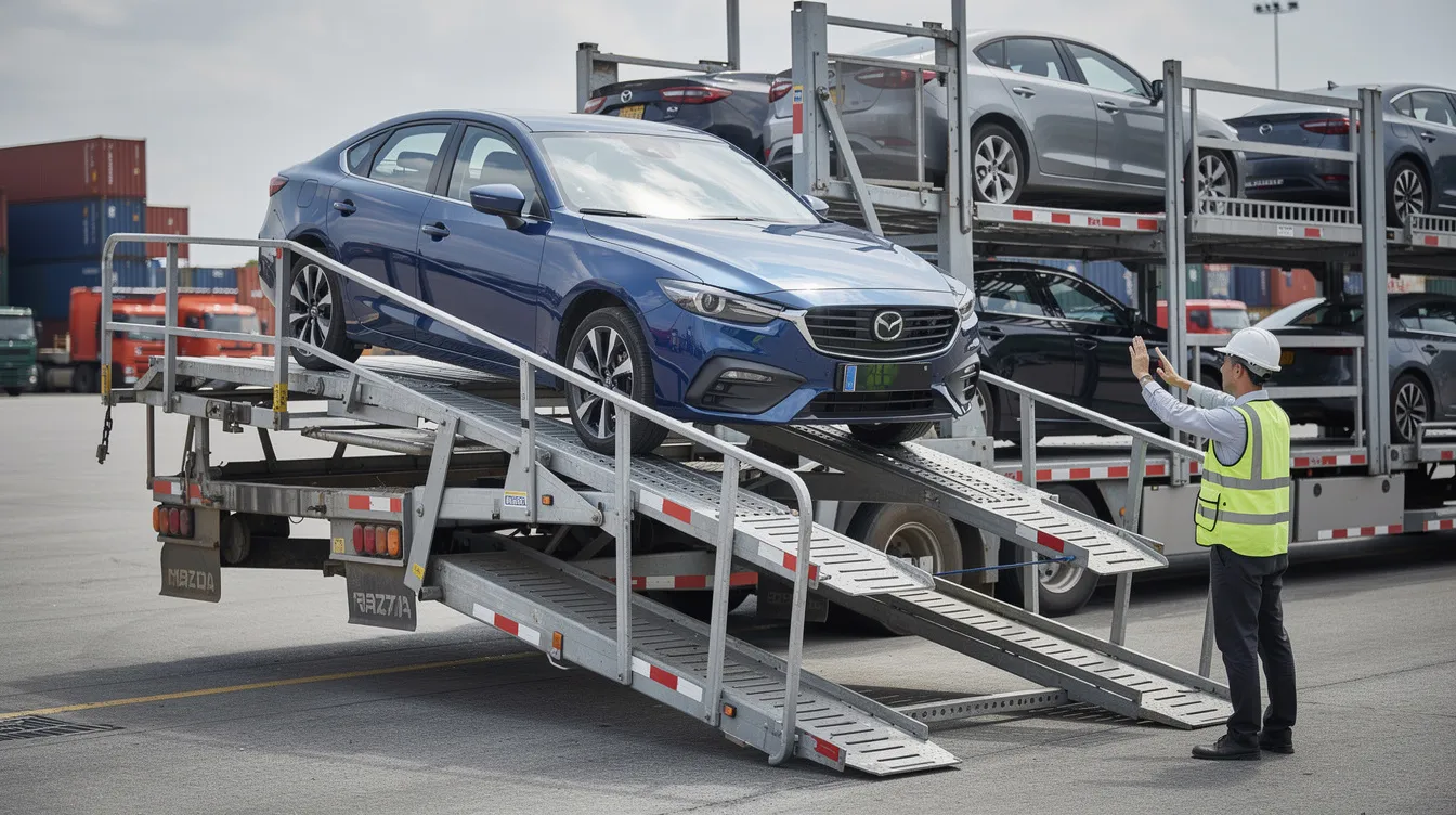 A sedan is being carefully loaded onto a multi-vehicle transport trailer by a truck driver, showcasing the auto transport industry in action. This scene highlights the process of vehicle shipping, emphasizing the importance of safe and efficient car transport services.