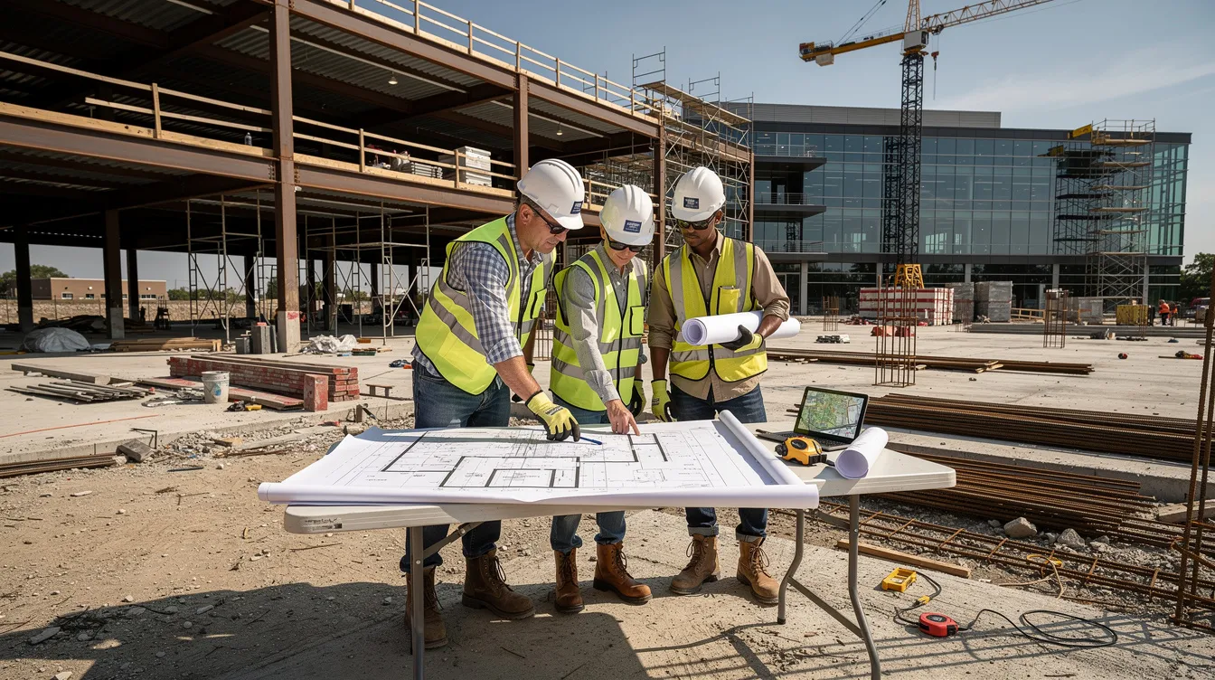 A group of workers is gathered around blueprints on a partially constructed commercial building, discussing project timelines and construction costs. This scene highlights the importance of effective backlog management and collaboration among industry professionals to ensure the successful delivery of current and future projects.