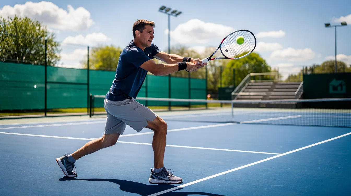 A recreational tennis player is executing a two-handed backhand stroke on an outdoor hard court under a sunny sky. The player is in an open stance with their dominant right hand gripping the racket, preparing to make contact with the ball at waist height, showcasing a powerful backhand swing.
