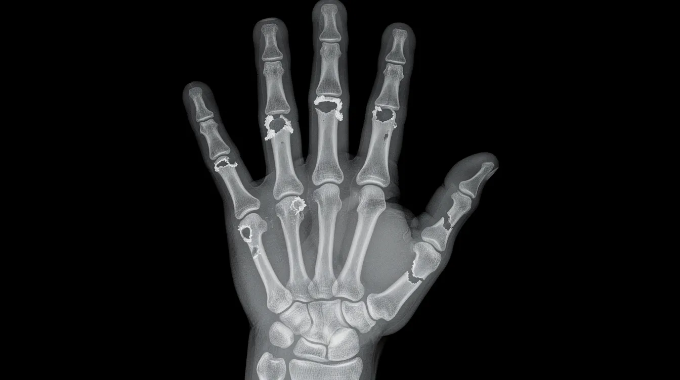 The X-ray image depicts a human hand with visible joint deterioration and bone erosion, indicative of conditions such as rheumatoid arthritis or degenerative joint disease. This imaging serves as objective medical evidence that may be used in a disability claim for social security disability benefits, highlighting the impact of severe arthritis on fine motor skills and overall functional limitations.