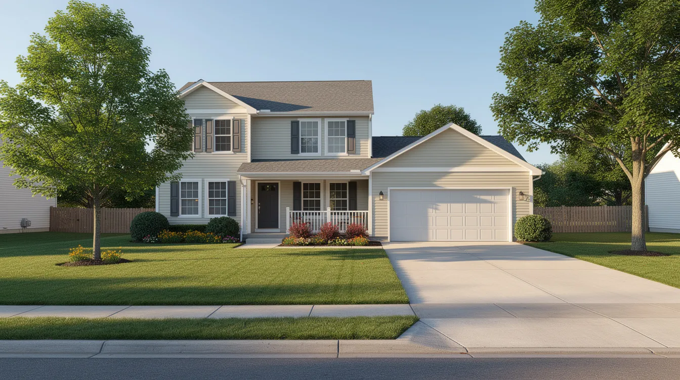 A residential suburban home is depicted, featuring a well-maintained front yard with lush green grass and a neatly paved driveway. This inviting property highlights the importance of home equity, as it showcases a potential investment for homeowners considering options like a home equity line of credit or a home equity loan.