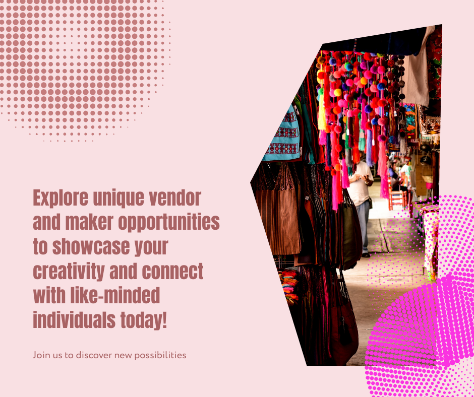 "Stylish, vibrant image with creative icons and feminine colors for a blog post inviting craft vendors and makers."