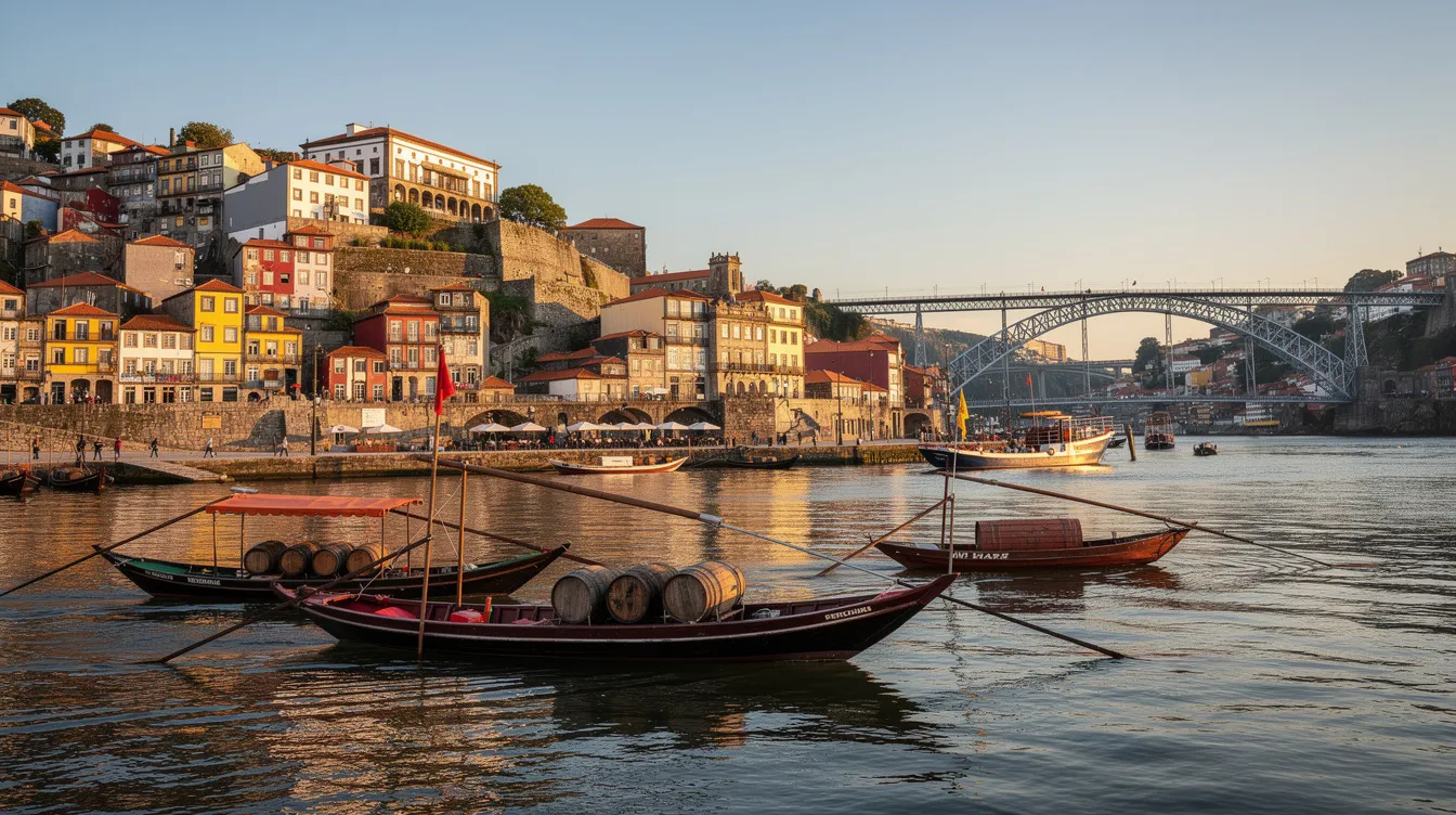 A imagem mostra uma vista panorâmica da cidade do Porto, em Portugal, destacando seus famosos pontos turísticos, como a Ribeira e a Ponte Dom Luís I, com pessoas caminhando ao longo do rio e aproveitando um passeio em família. O cenário é enriquecido pela arquitetura histórica e a atmosfera vibrante da cidade, perfeita para viajantes em busca de histórias e experiências únicas.