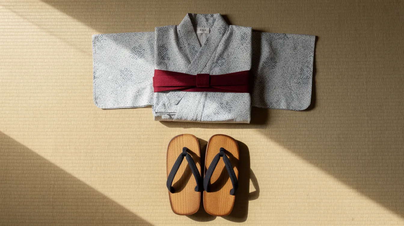 A beautifully arranged cotton yukata with a matching obi and traditional geta sandals is displayed on tatami flooring, showcasing the elegant design and vibrant colors typical of Japanese clothing. This setup highlights the yukata's sleeves and hem, making it a perfect choice for festivals or loungewear, while also emphasizing the importance of choosing the right size for comfort and fit.