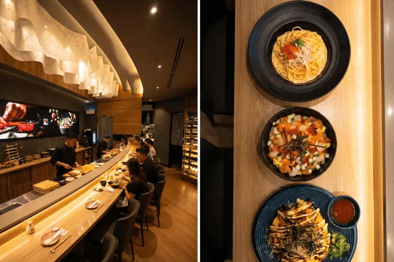 A split-screen composition featuring a modern Japanese izakaya interior on the left, showing a chef working behind a wooden counter, and a top-down view of three gourmet Japanese dishes served on a wooden table on the right.