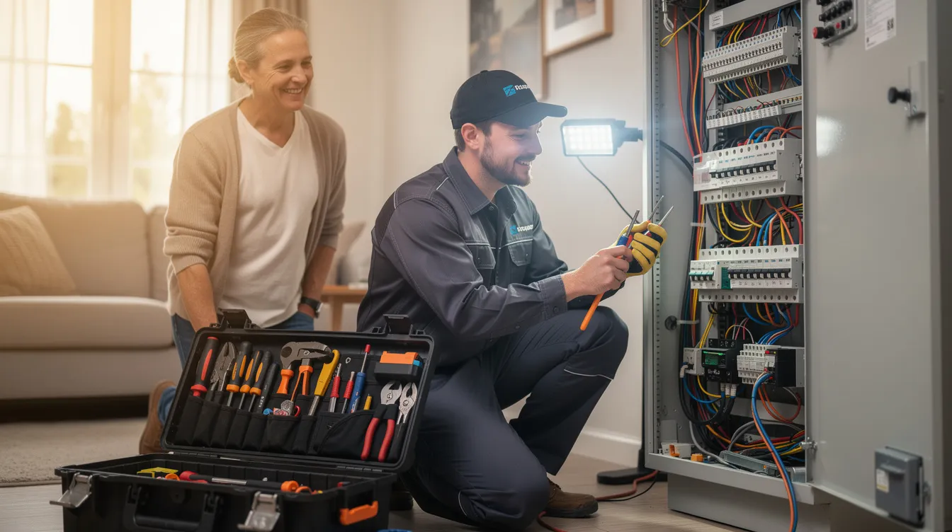 An image showcasing a team of licensed electricians in Cypress, TX, engaged in various electrical services, including installation and maintenance of electrical panels and wiring in residential homes. The electricians are depicted working efficiently, demonstrating their commitment to customer satisfaction and professionalism.
