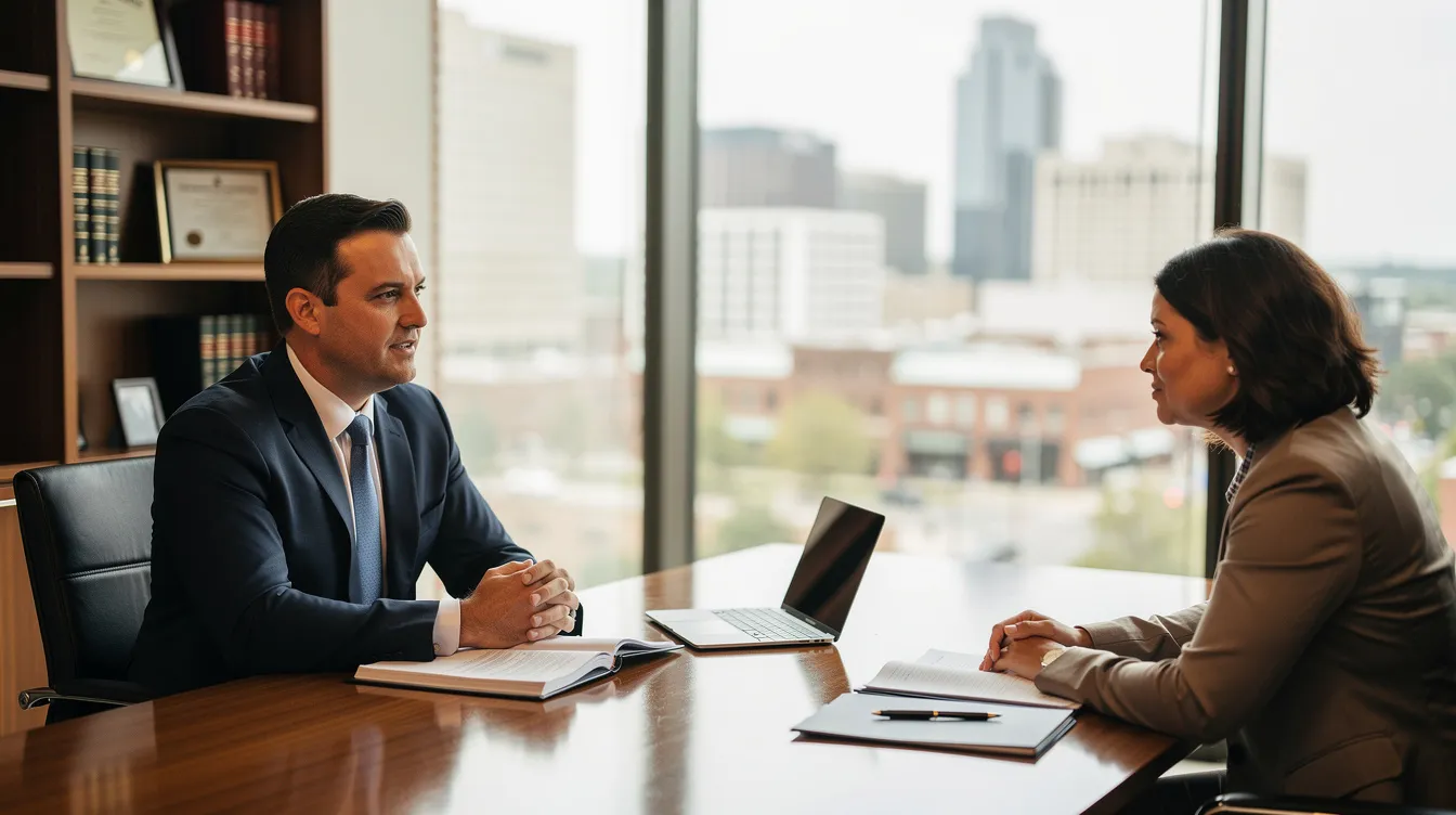 A professional attorney is seated at a conference table in a Nashville office, engaged in a discussion with a client about contract disputes and legal strategies. The setting reflects the seriousness of contract litigation, highlighting the attorney's role in providing strategic guidance within Tennessee contract law.
