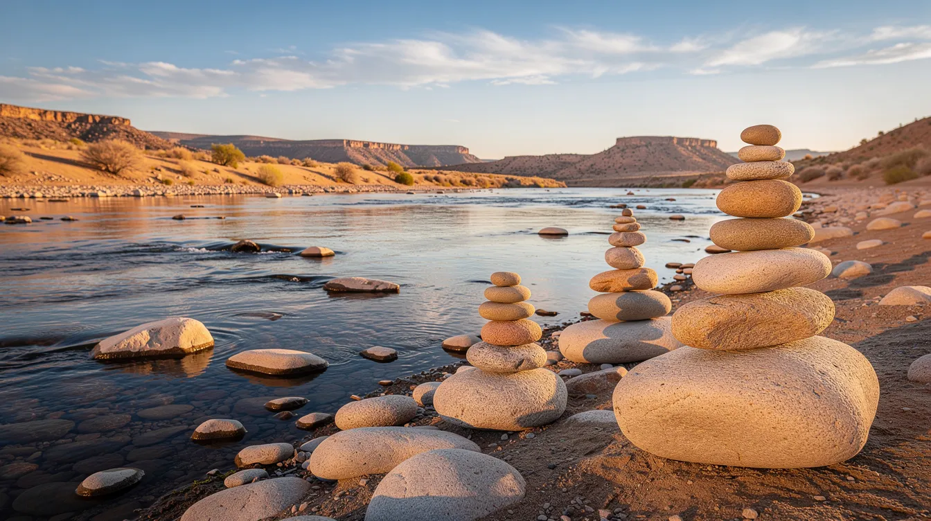 The image depicts a serene river flowing through a desert landscape, with large, smooth stones stacked along its bank, evoking a sense of tranquility and the beauty of nature. This scene can symbolize the biblical significance of the number 12, representing God's people and the twelve tribes of Israel, as it reflects the harmony and order found in God's creation.
