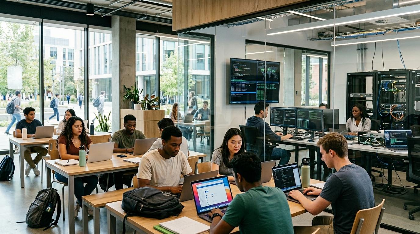 Modern university ecosystem with diverse students launching cloud desktops instantly through browsers while others use advanced technical labs for cybersecurity and programming.