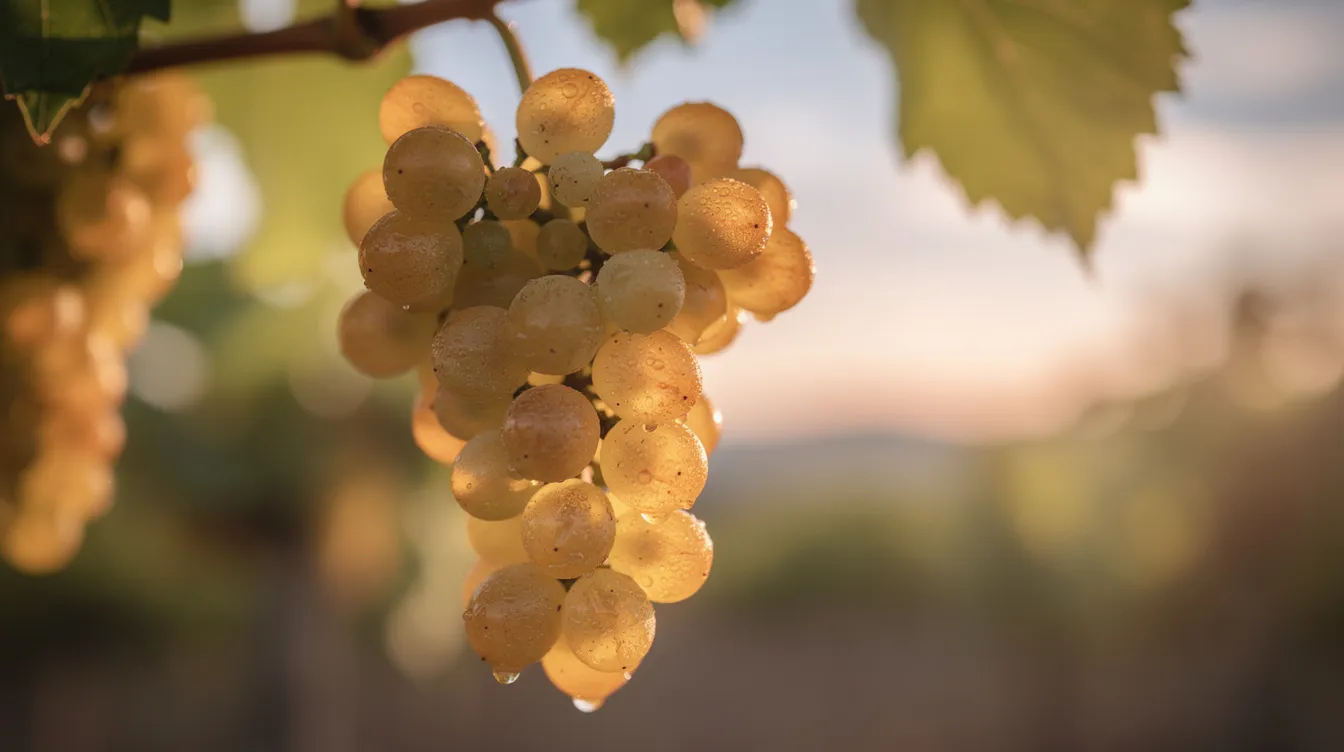 A close-up view of golden Chardonnay grapes glistening in the soft morning light, showcasing their vibrant and refreshing expression. These high-quality grapes, with hints of lemon zest and ripe pear, promise a bright acidity and exceptional fruit for crafting delicious wines.