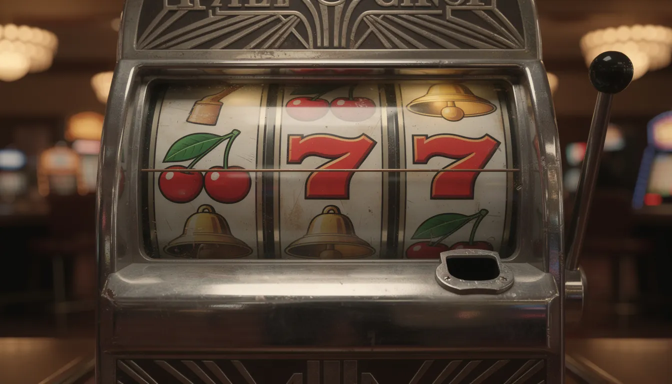 Vintage style slot machine with classic cherry and bell symbols.