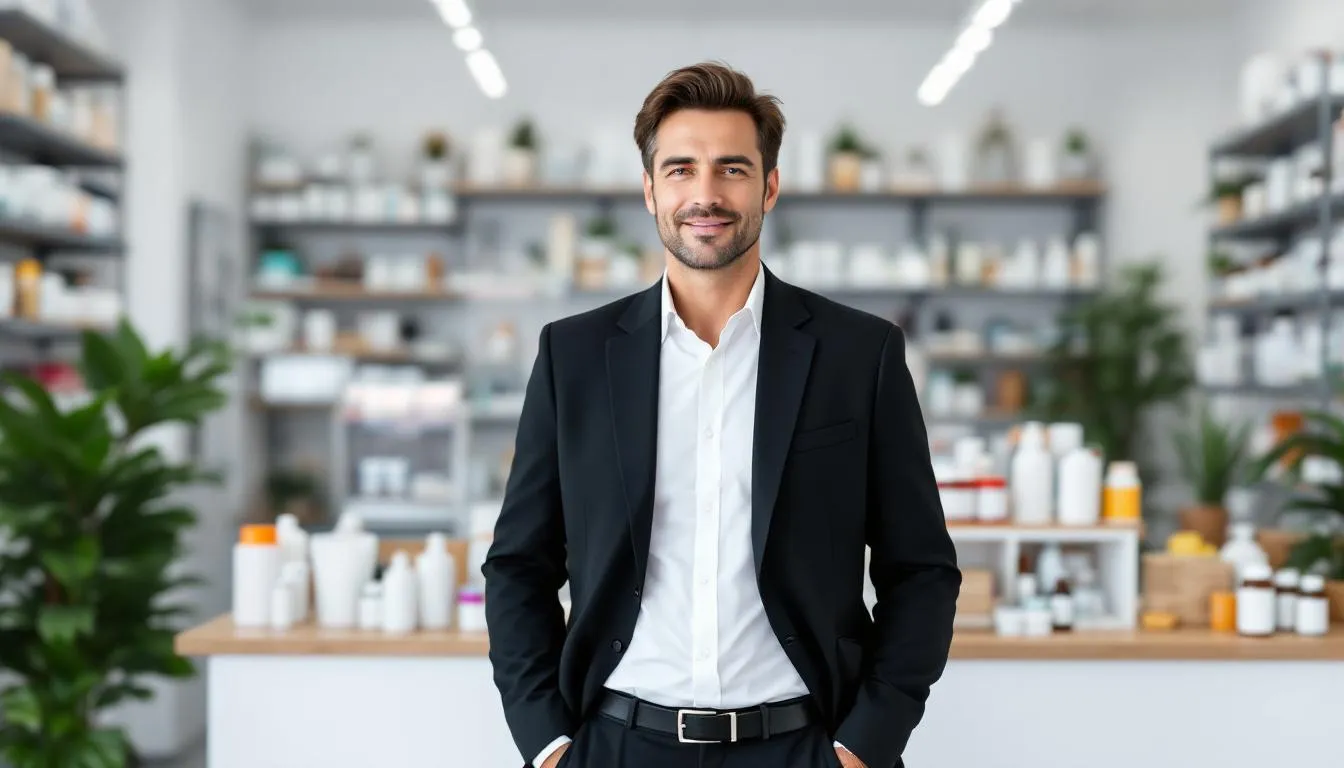 A confident pharmacy business owner stands proudly in their independent pharmacy, showcasing their success in the pharmacy industry. They are likely considering various pharmacy financing options to enhance their business operations and purchase inventory, reflecting the unique challenges faced by small business owners in the healthcare sector.