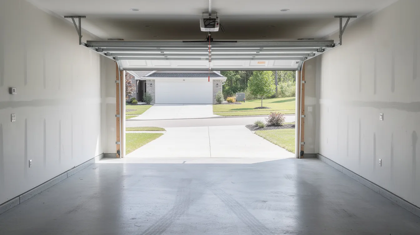 A clean and empty residential garage with a swept concrete floor and an open garage door revealing a tidy suburban driveway