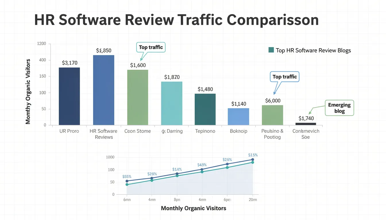 The image is a comparison chart displaying the monthly organic visitors for top HR software review blogs, highlighting key metrics relevant to HR professionals and their departments. The chart emphasizes the importance of driving organic traffic and optimizing for search engines to enhance visibility and support HR functions such as talent management and employee engagement.